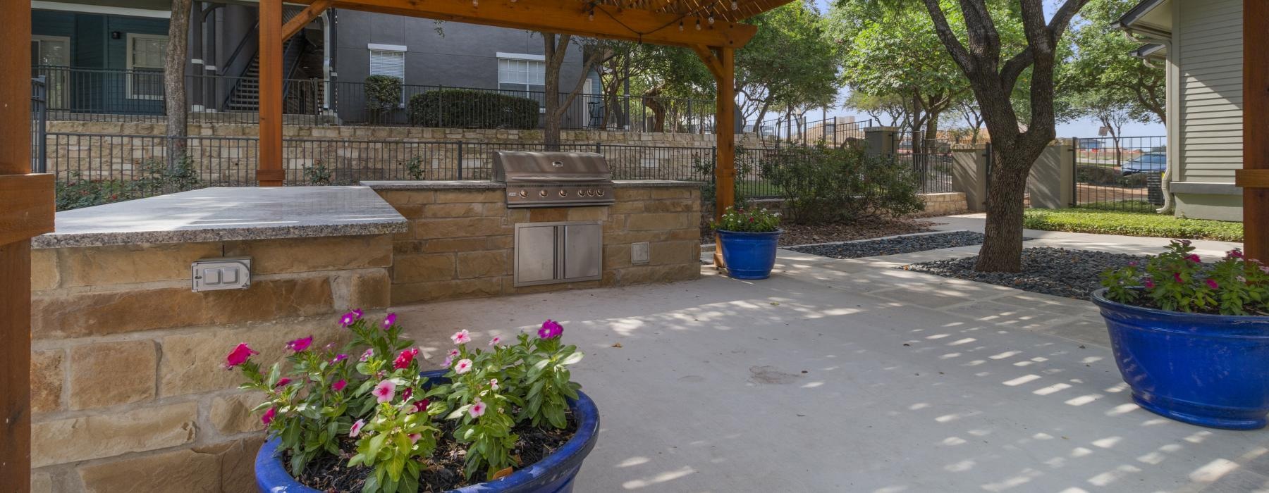 a patio with a covered area