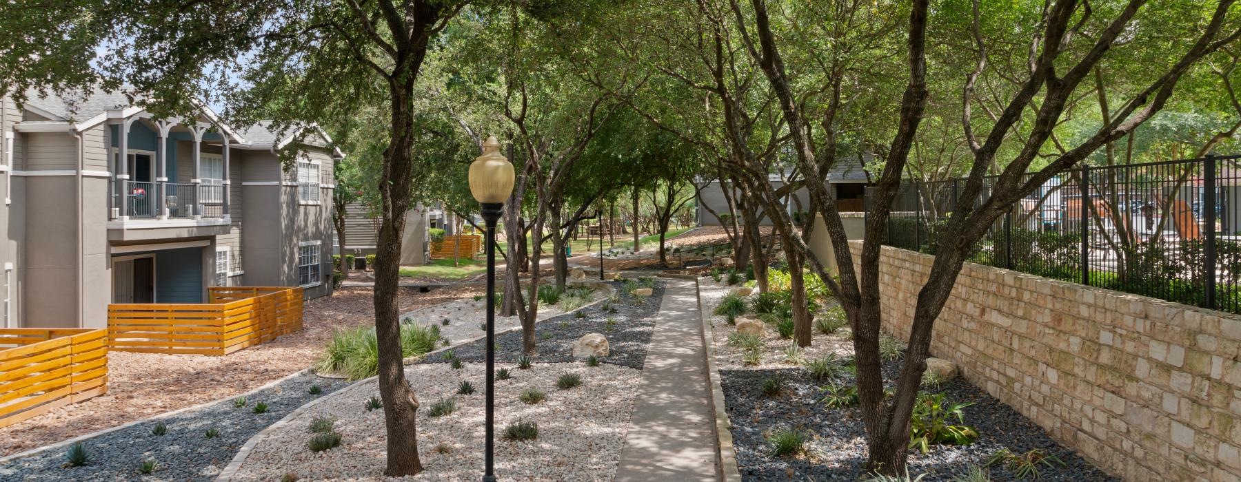 a path with trees and a building