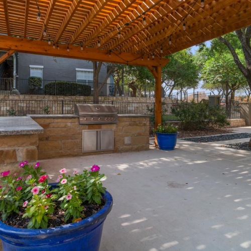 a patio with a covered area