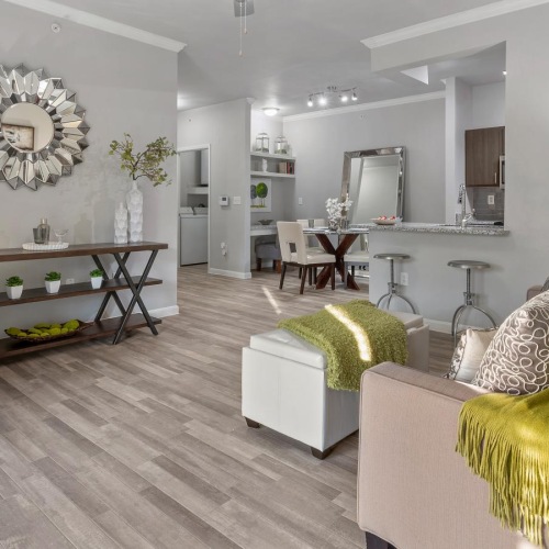 a living room with a wood floor